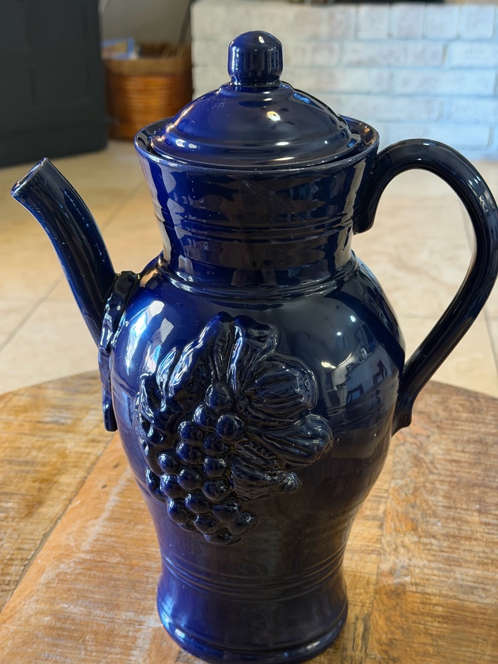 Italian Cobalt Blue Ceramic Teapot Kettle, Raised Grape Fruit Floral Pottery